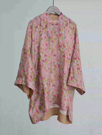 Babakud Women Retro Nation Ramie Stand Collar Floral Suit