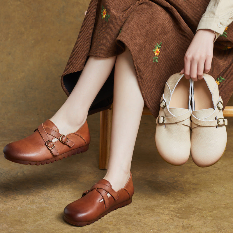 Ladies Retro Comfy Soft Sole Buckle Genuine Leather Casual Shoes
