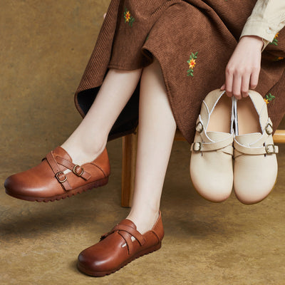 Ladies Retro Comfy Soft Sole Buckle Genuine Leather Casual Shoes