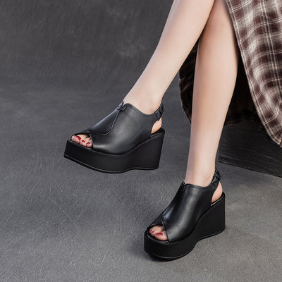 Women Retro Elegant Genuine Leather Wedge Sandals ¨C Black & Coffee
