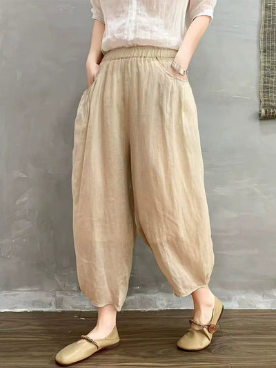 Women Summer Ramie Vintage Style Loose Harem Ankle Pants