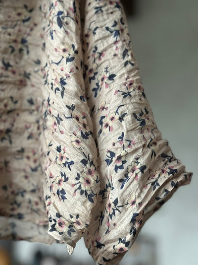 Spring Loose Casual Asymmetric Floral Printed Ramie Blouse