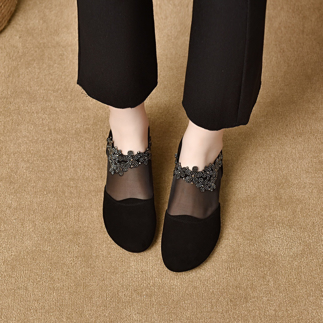 Genuine Leather Mesh Elegant Diamonds Floral Shoes