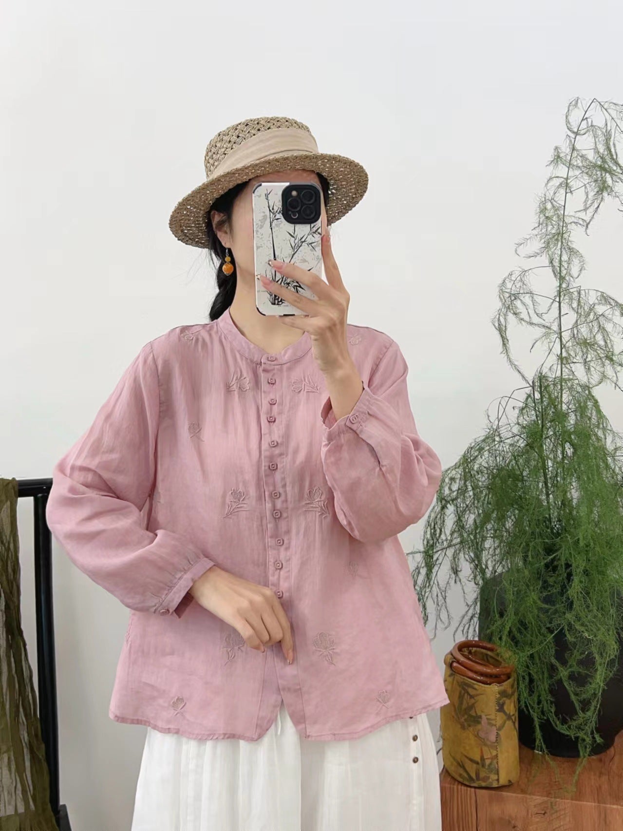 Autumn Retro Ramie Embroidered Stand Collar Long Sleeves Shirt