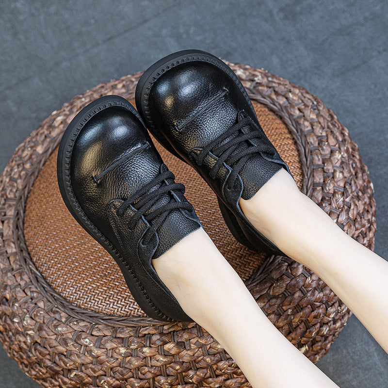 Women Black Brown Retro Genuine Leather Lace-Up Casual Shoes