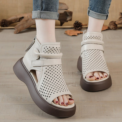 Women Retro Summer Genuine Leather Hollow Peep Toe Sandals