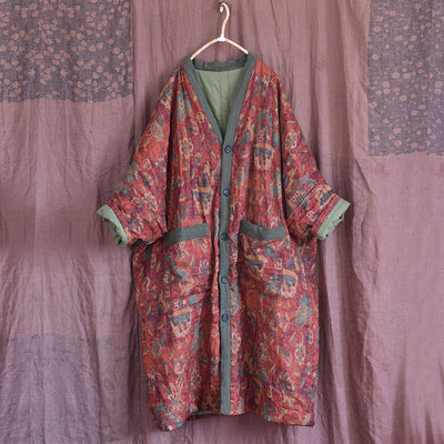 Warm Cozy Thick Vintage Bohemian Floral Quilted Long Cotton Linen Coat