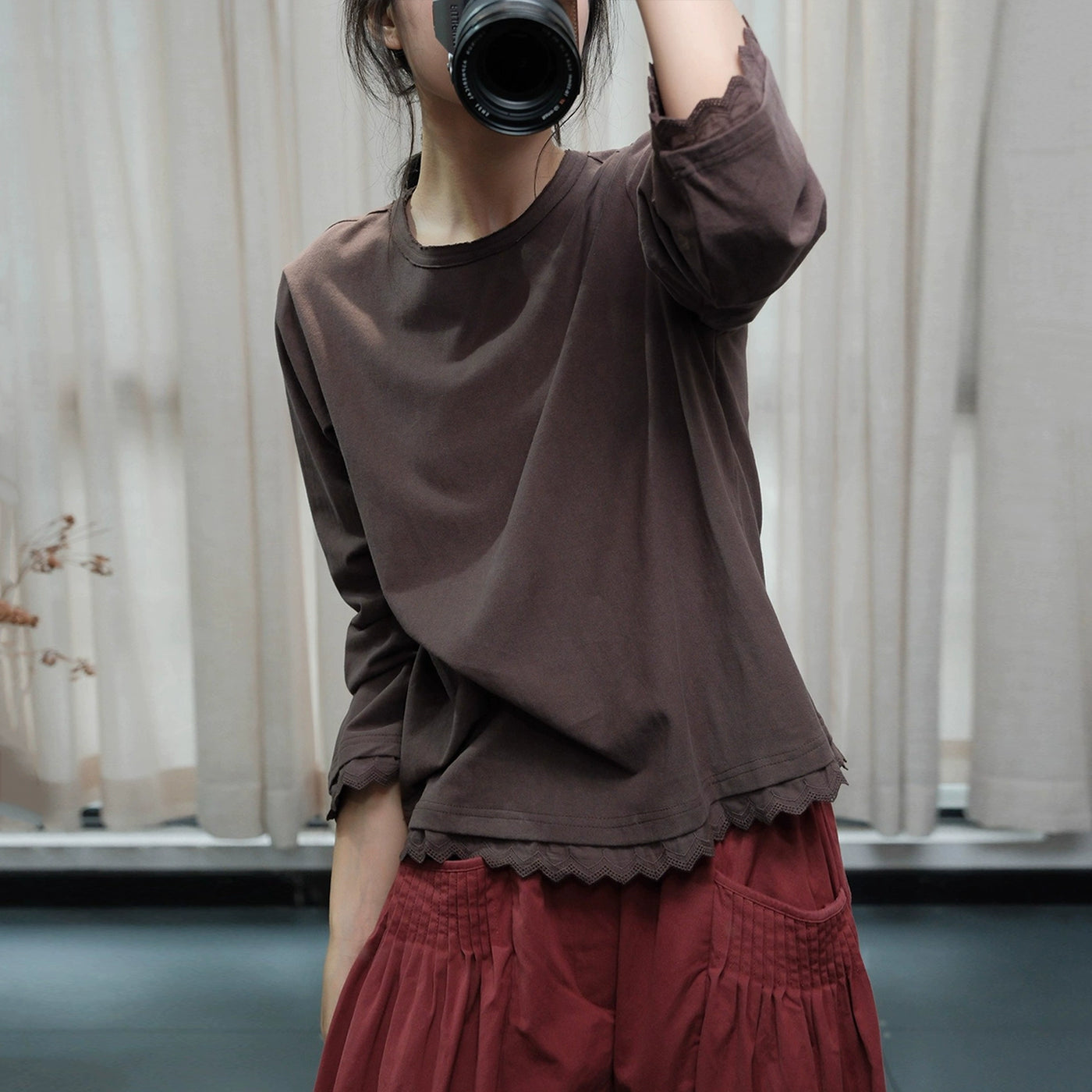 Babakud Retro Cotton Round Neck Scalloped Edge Tops