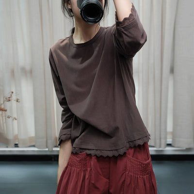Babakud Retro Cotton Round Neck Scalloped Edge Tops