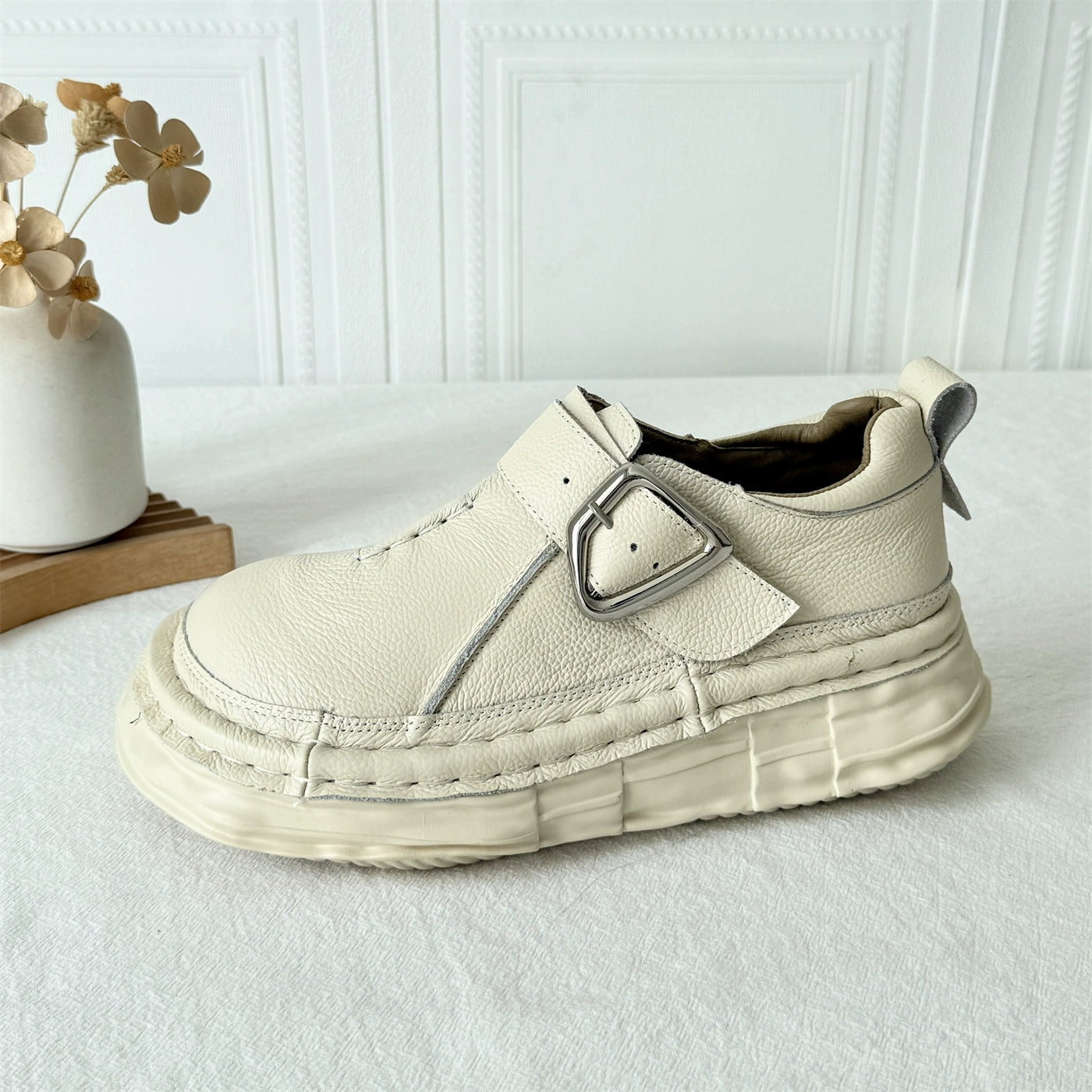 Women Casual Leather Platform Wide Toe Slip-On Shoes