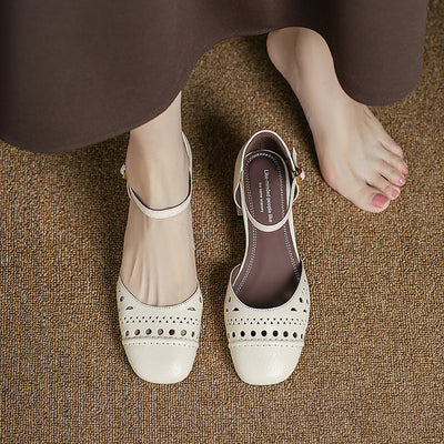 Vintage Leather Hollow Chunky One Straped Plus Size Sandals