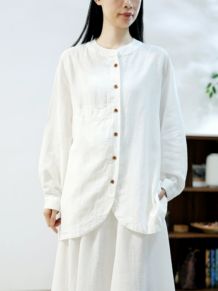 Linen Washed Stand Collar Long Sleeves Loose Versatile Coat