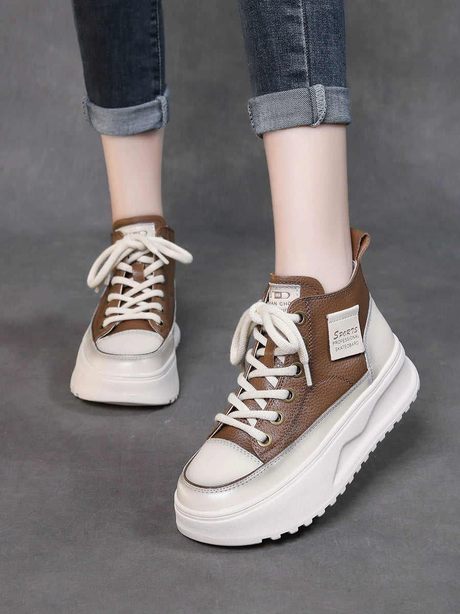 Women Retro Leather Patchwork Platform Lace-Up Shoes