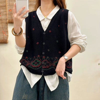 Women Autumn Cotton V-Neck Embroidered Loose Cardigans