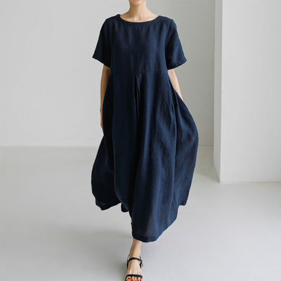 Ladies Solid Color Casual Loose Cotton Linen A-Line Dresses