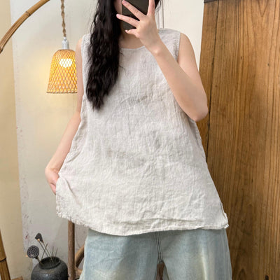 Women Casual Solid Color Sand-Washed Linen Sleeveless Top