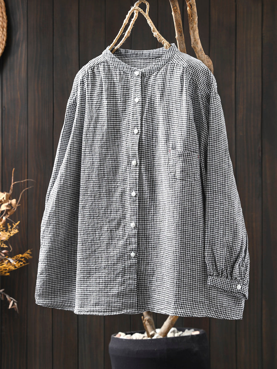 Women Spring Retro Pure Linen Plaid Long Sleeve Blouse