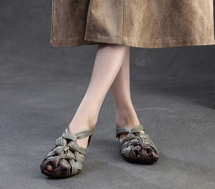Ladies Fashion Retro Leather Woven Low Heel Soft Sole Sandals
