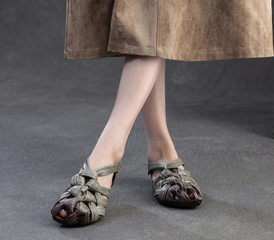 Ladies Fashion Retro Leather Woven Low Heel Soft Sole Sandals