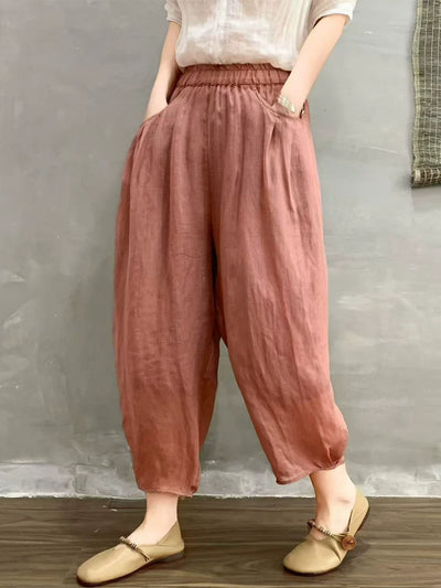 Women Summer Ramie Vintage Style Loose Harem Ankle Pants