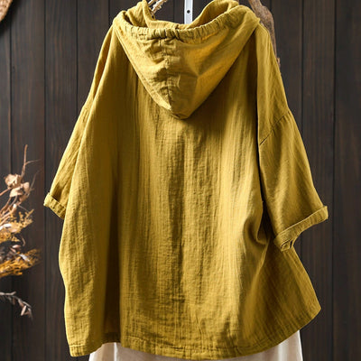 Women Spring Vintage Cotton Hooded Short-Sleeve Pullover Shirt
