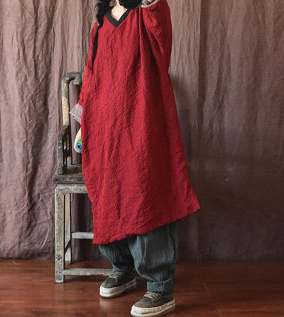 Women Vintage Color Block V-Neck Mid-Length Cotton Linen Coat