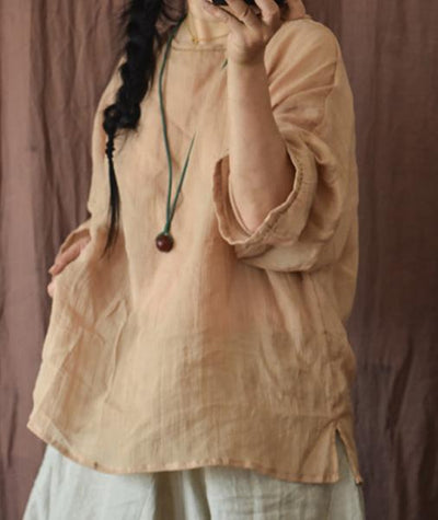 Women Retro Crinkled Long Sleeves Lightweight Ramie Blouse