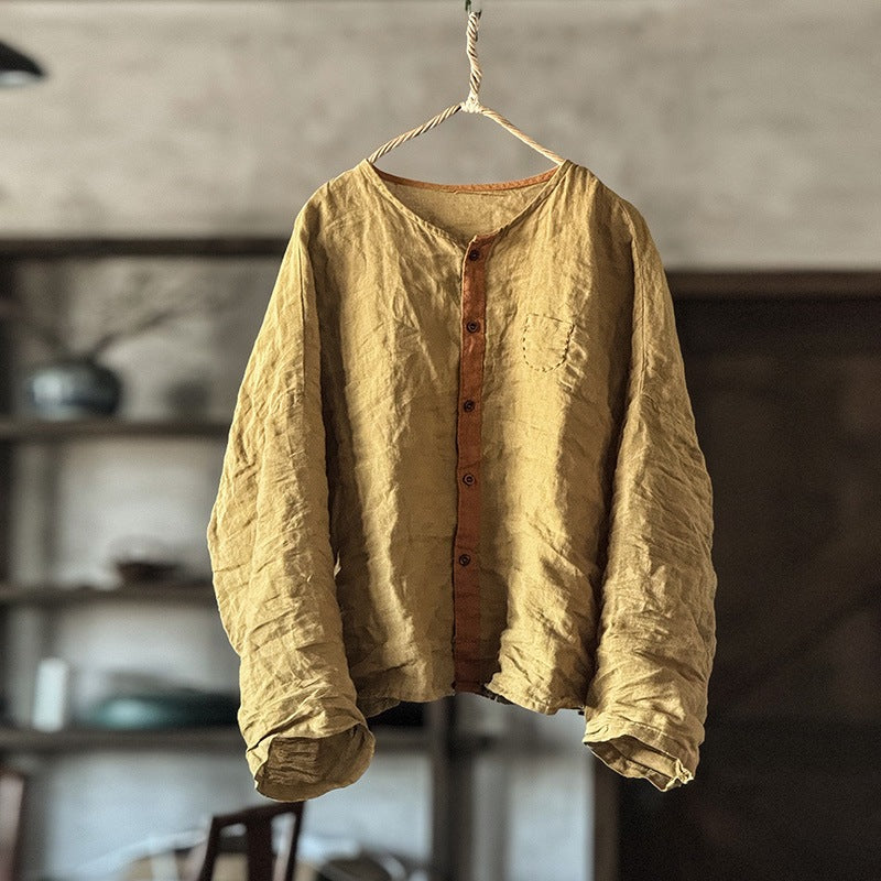 Women Vintage High Quality Washed Color Block Linen Shirt