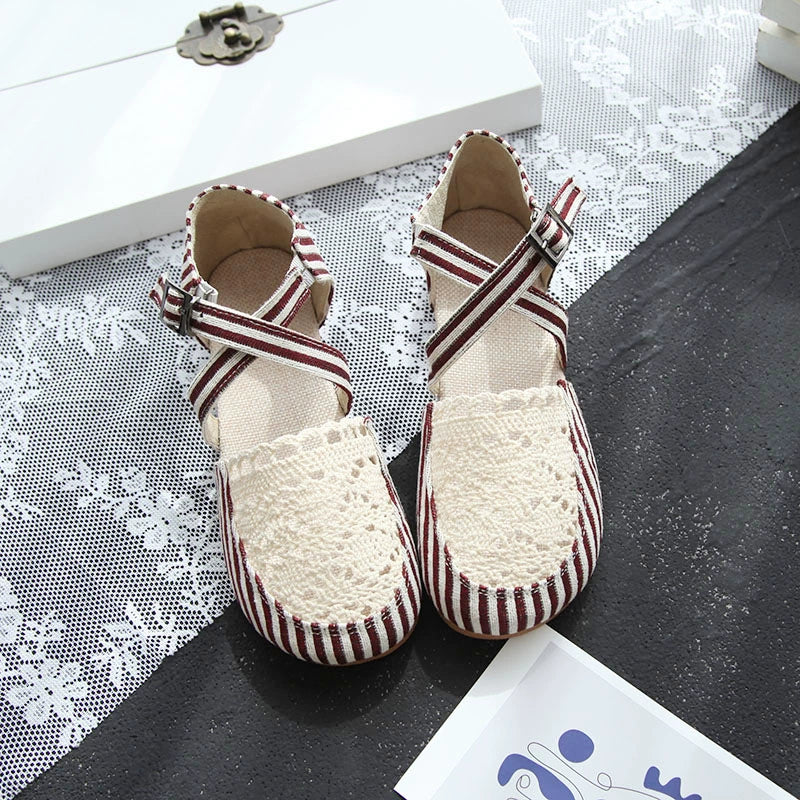Summer Linen Closed Toe Lace Crossing Straped Striped Shoes