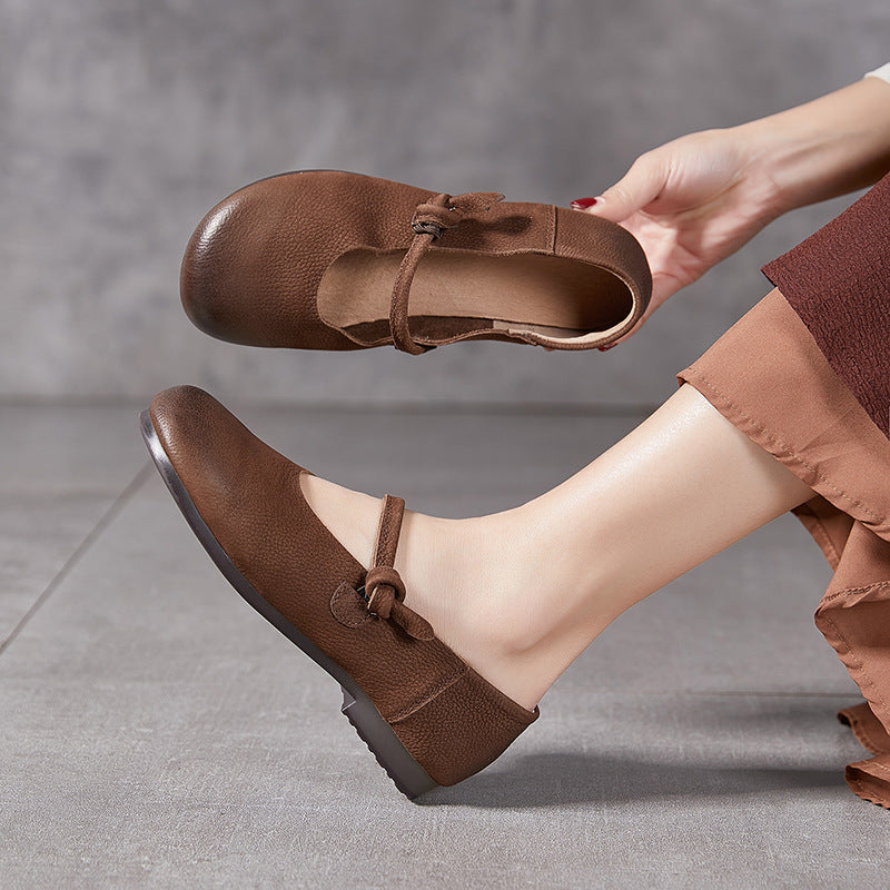 Women Retro Top Genuine Leather Round Toe Soft Sole Flats Shoes