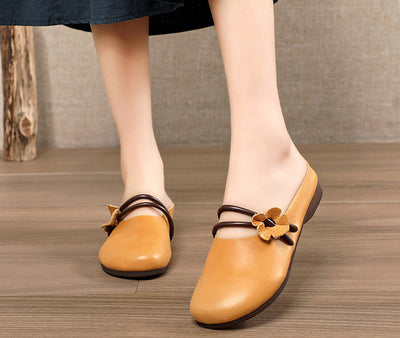 Minimalist Genuine Leather Flower Low-Heel Slippers for Women