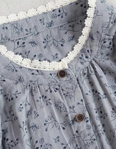 Women Spring Floral Loose Lace Long-Sleeved Cotton Shirt