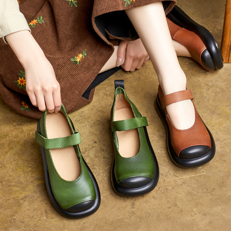Women Retro Color Block Velcro Round Toe Mary Janes Casual Shoes