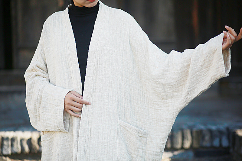 Women Loose Solid Beige Linen Cardigans