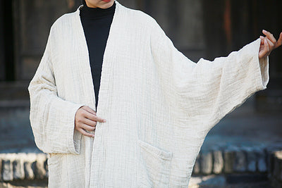 Women Loose Solid Beige Linen Cardigans