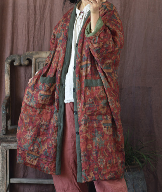 Warm Cozy Thick Vintage Bohemian Floral Quilted Long Cotton Linen Coat