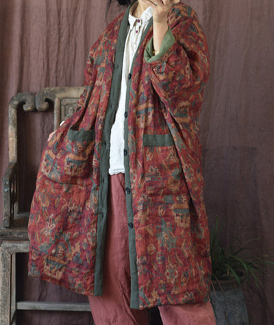 Warm Cozy Thick Vintage Bohemian Floral Quilted Long Cotton Linen Coat