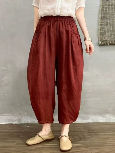 Women Summer Ramie Vintage Style Loose Harem Ankle Pants