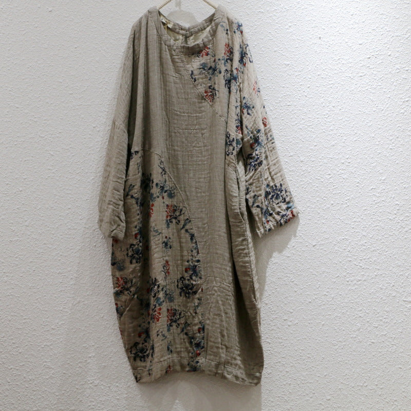 Spring Loose Soft Vintage Ethnic Style Printed Cotton Linen Dresses