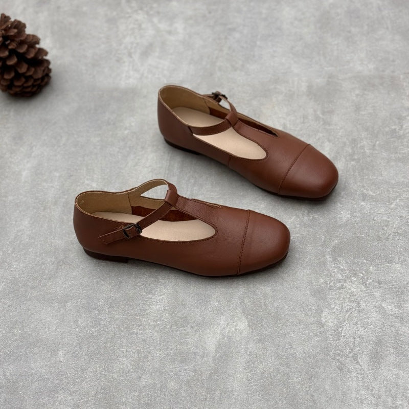 Women Retro Leather Soft Flat Sole One Straped Shoes