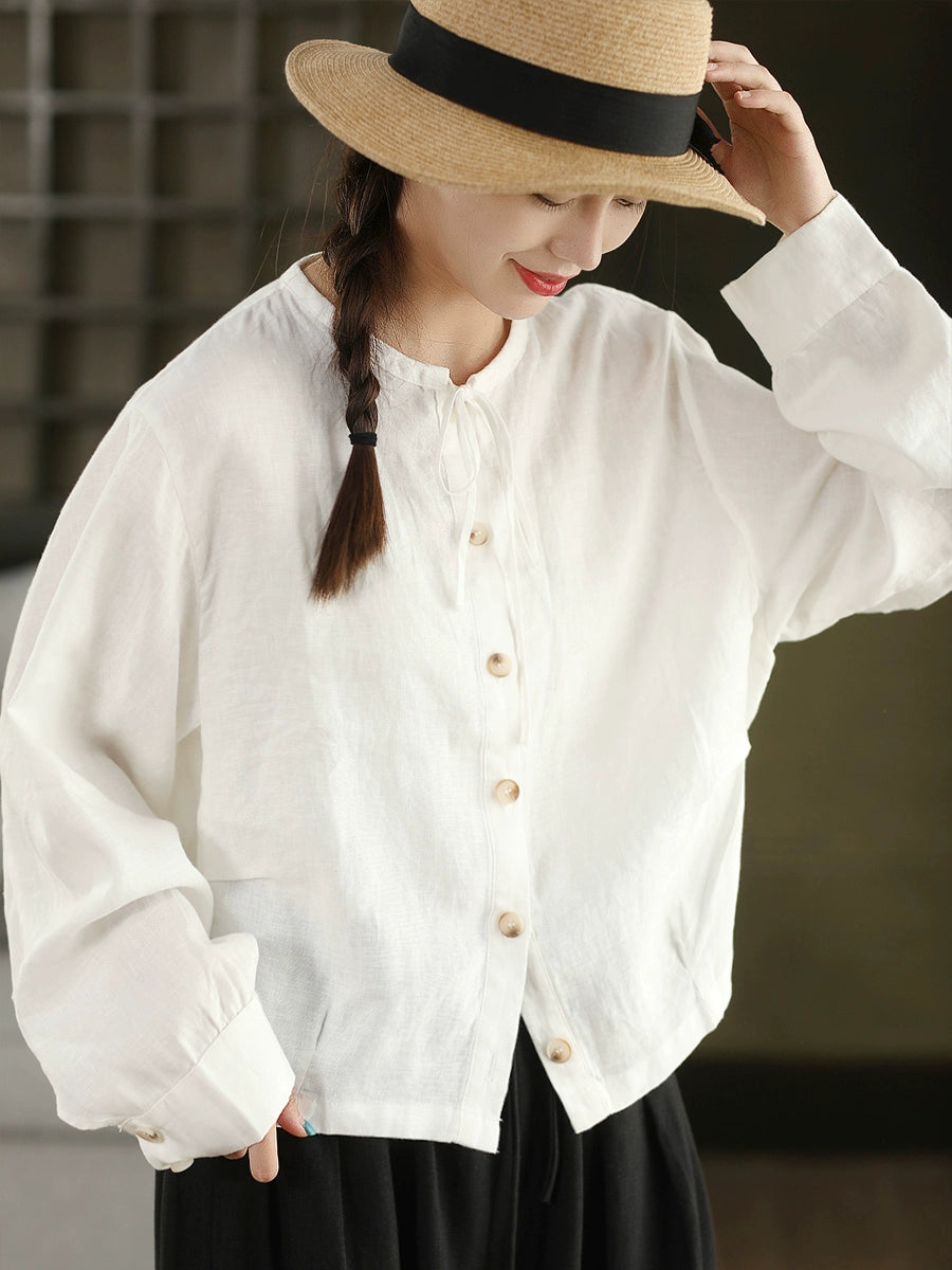 Autumn Retro Linen Round Neck Lace-Up Single-Breasted Shirt