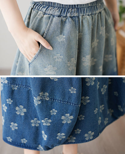 Ladies Retro Distressed Gradient Jacquard A-Line Denim Skirt
