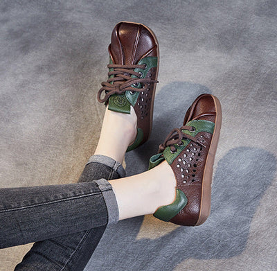 Spring Retro Hollow Soft Sole Color Block Leather Casual Shoes