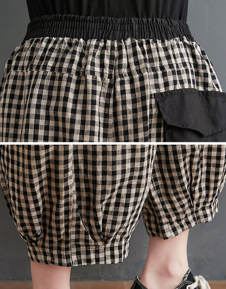 Large Pockets Plaid Elastic Waist Casual Cotton Linen Pants