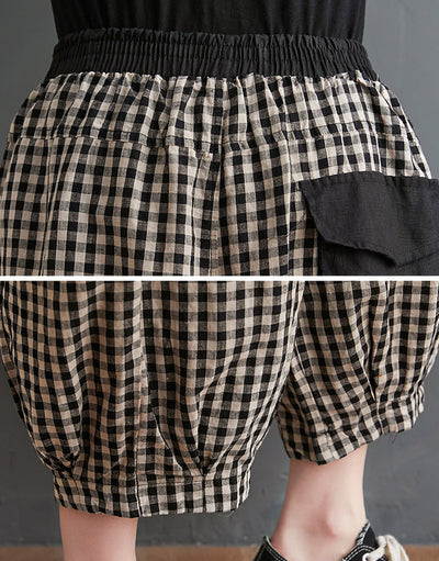 Large Pockets Plaid Elastic Waist Casual Cotton Linen Pants