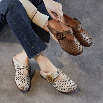 Babakud Retro Leather Hollow Soft Sole Flower Velcro Flats