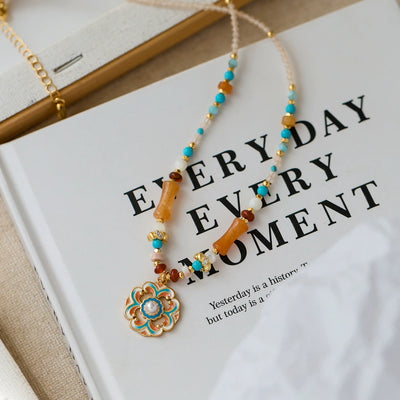 Women Vintage Natural Stone Agate 18K Gold Necklace