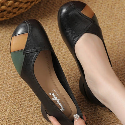 Babakud Women Spring Retro Colorblock Leather Soft Sole Shoes