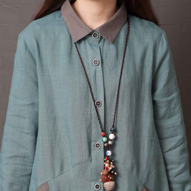 Babakud Spring Cotton Linen Loose Spliced Color Shirt Dress