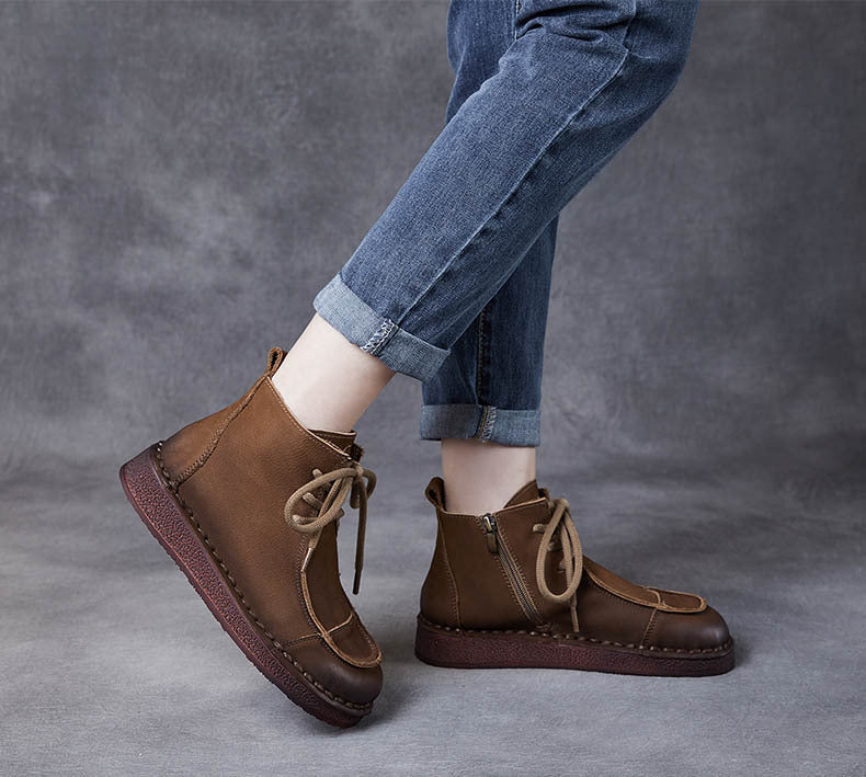Women Retro Soft Soled Lace Up Ankle Boots
